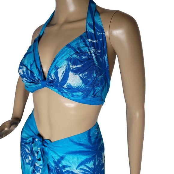in gear Hawaiian blue palm tree one size outfit bikini top with tie pants. - Picture 7 of 10